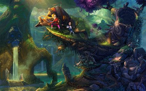Art Forest Children Trees Waterfall Goblins River Fantasy Wallpaper