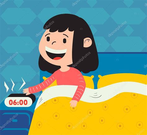 Vector Illustration Of A Smiling Cartoon Girl Waking Up Early With An Alarm Clock Premium
