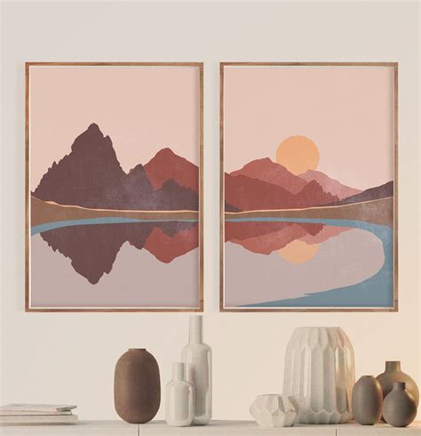 Sun And Mountain Print Set Of 2 Abstract Landscape Terracotta