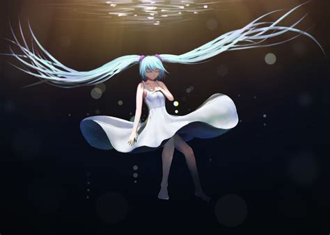 Aqua Eyes Aqua Hair Barefoot Dark Dress Hatsune Miku Long Hair Twintails Underwater Vocaloid