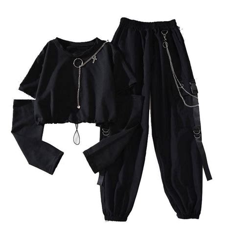 Spring Autumn Women Harajuku Cargo Pants Handsome Cool Two Piece Suit Chain Long Sleeve Ribbon
