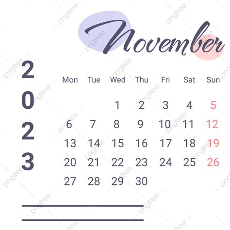 Calendário Roxo De Novembro De 2023 Com Linhas De Nota Png Novembro