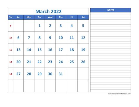 March Calendar 2022 Grid Lines For Holidays And Notes Horizontal