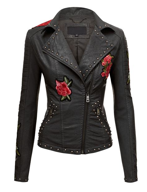 Made By Johnny Wjc1495 Womens Floral Embroidered Faux Leather Motorcycle Biker Jacket S Black