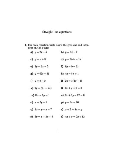 Straight Line Equations Worksheet With Solutions Teaching Resources