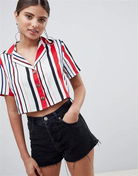 Prettylittlething Striped Button Down Crop Shirt In Red Lyst
