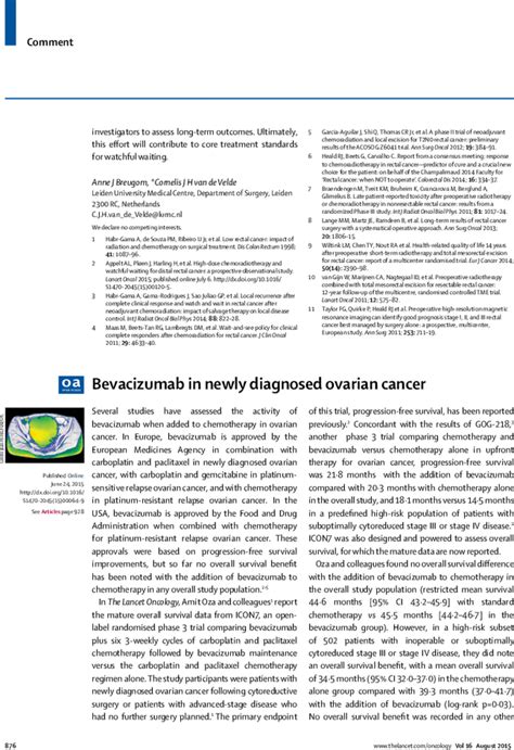 Bevacizumab In Newly Diagnosed Ovarian Cancer The Lancet Oncology