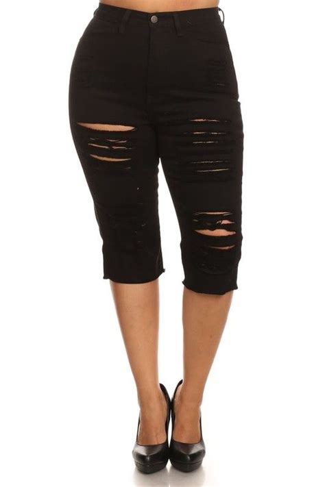 High Waist Black Distressed Long Bermuda Shorts Fashionable Plus Size