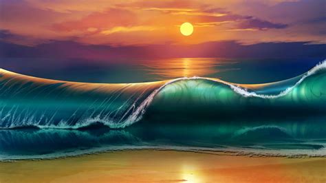 Download Wallpaper 1920x1080 Art Sunset Beach Sea Waves Full Hd Hdtv Fhd 1080p Hd Background