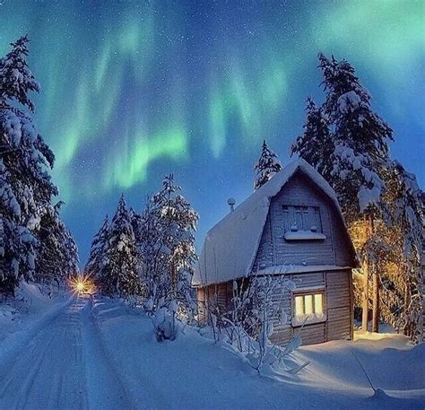 Snowy Night Winter Scenes Aurora Borealis Cabin