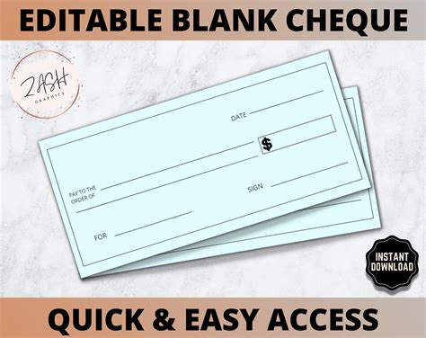 Blank Check Template Editable Bank Cheque Printable Cheque Etsy Australia