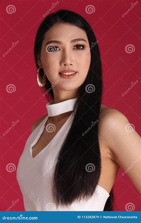 Asian Long Straight Black Hair Tan Skin Woman In Dress Stock Image Image Of Glamour Copy