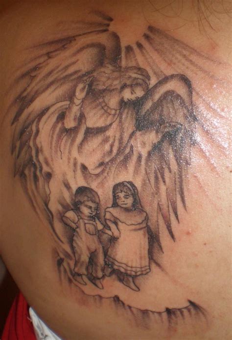 Awesome Grey Ink Guardian Angel Tattoo On Back