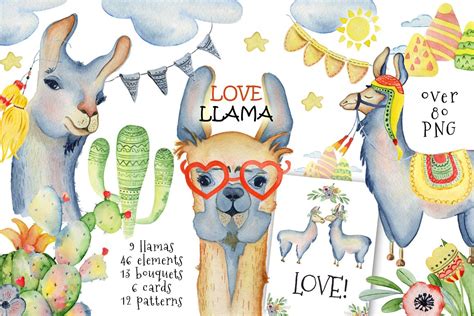 Cute Llamas Watercolor Animals Clipart Design Bundles
