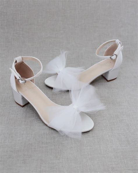 White Satin Block Heel Sandal With Front Oversized Tulle Bow Etsy