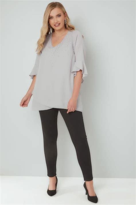 Grey Embellished Layered Chiffon Top With Flute Sleeves