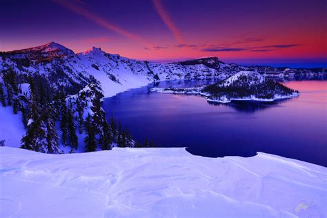W105 Winter Sunset Over Crater Lake And Wizard Island Oregon Randall
