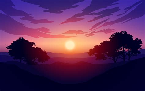 Sunrise Or Sunset Over Mountains With Tree Silhouettes Mountain Forest