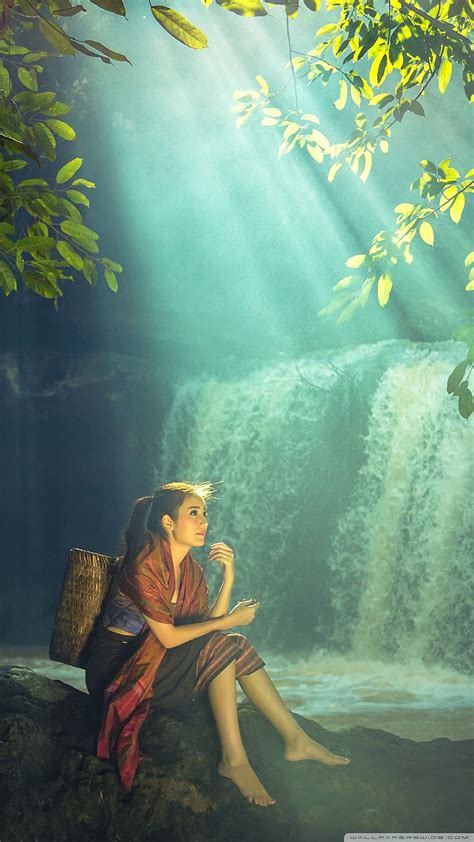 Beautiful Asian Girl Rainforest Waterfall Ultra Smartphone