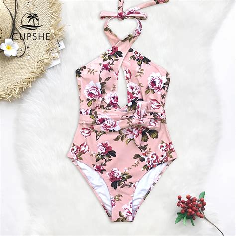 Cupshe Pink Floral Belted Halter One Piece Swimsuit Women Crisscross Monokini Bathing Suits 2019