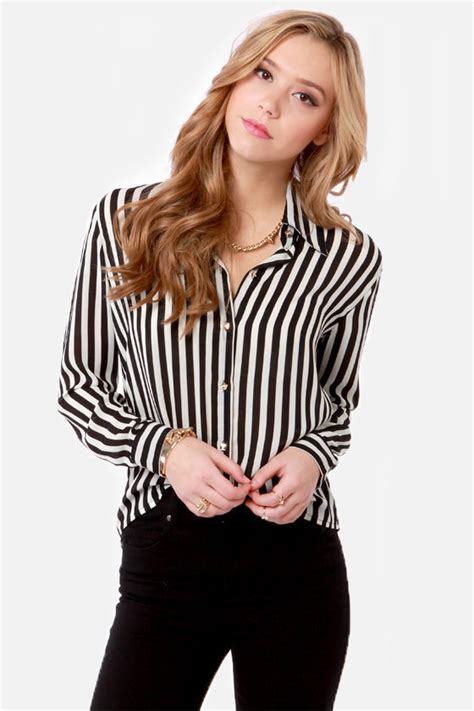 Cute Striped Shirt Black And White Shirt Button Up Shirt 3800