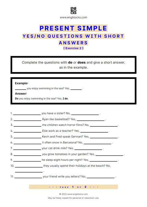 Present Simple Yes No Question With Short Answer Exercise 2