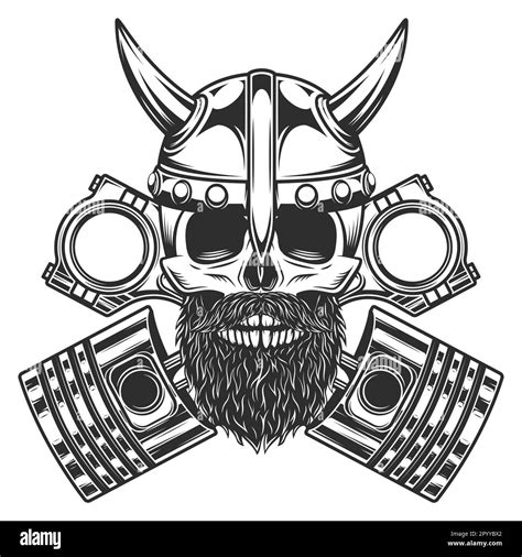 Biker Motorcyclist Skull With Beard And Mustache In Horned Viking