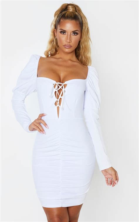White Long Puff Sleeve Ruched Bodycon Dress Prettylittlething