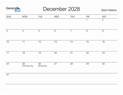 Printable December 2028 Monthly Calendar With Holidays For Saint Helena