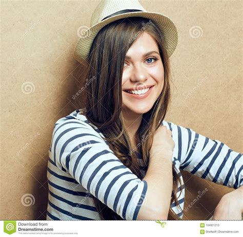 Woman Sitting In Front Of Wooden Wall Stock Image Image Of Hipster