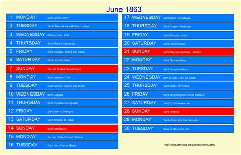 June 1863 Roman Catholic Saints Calendar