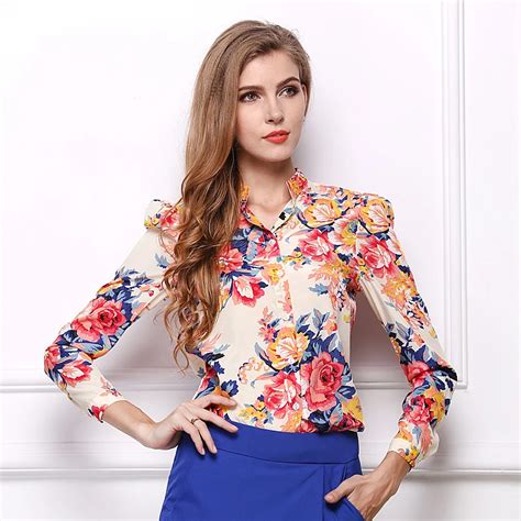Hot Sale Fashion Vintage Floral Print Pattern Chiffon Blouse Women Long Sleeve Shirt Tops 2