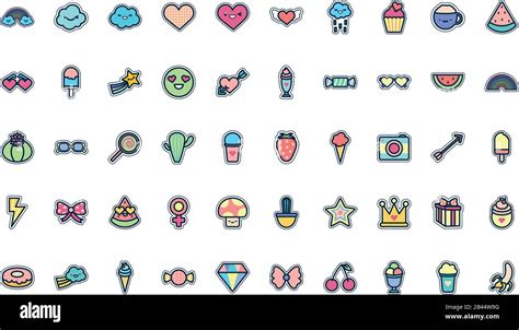 Cute Elements Line Fill Style Icon Set Design Kawaii Expression