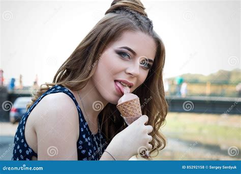 Beautiful Girl With Make Up Licking Ice Cream Stock Photo Image Of