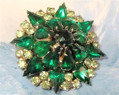 Vintage Large Green Rhinestone Brooch Pin Mid Century Layered Sparkly Glass Ebay