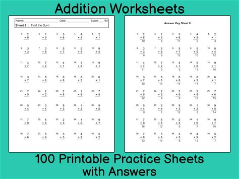 Addition Worksheet 100 Practice Sheets With Answers Single Etsy