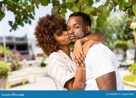 Outdoor Protrait Of African American Couple Kissing Each Other Stock Image Image Of Couple