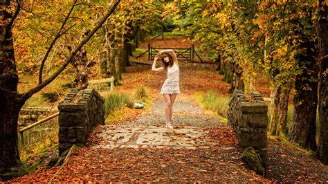 arms up, Barefoot, Fall, Gates, Women outdoors, Bridge, Trees, White dress, Park Wallpapers HD 