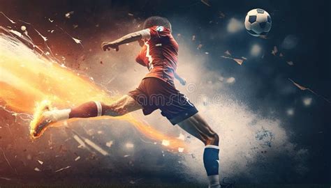 Powerful Hit Ball With Fire Trail Effect Of Soccer Player At Football