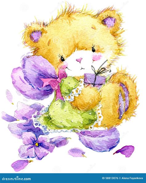 Toy Teddy Bear And Flower Violet Watercolor Illustration Stock