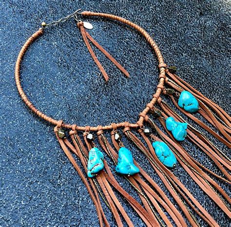 Necklace Collar With Rust Deerskin Fringe Turquoise Stones