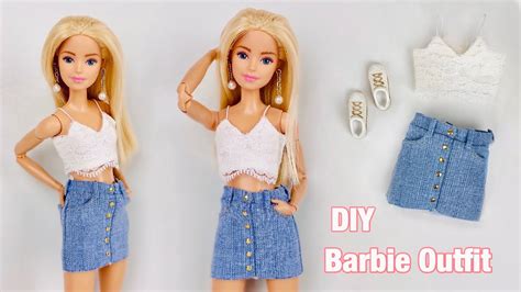 diy barbie doll clothes denim skirt crop cami top how to make trendy clothes for barbie