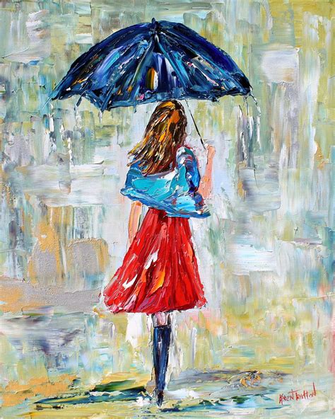 Original Oil Painting Umbrella Rain Dance Modern Impressionism