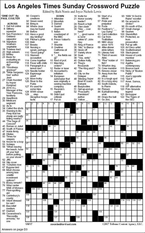 Good things come in threes in this puzzle, except when they come in fours. Los Angeles Times Sunday Crossword Puzzle Printable ...