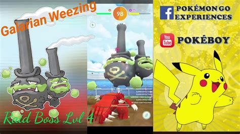 Galarian weezing is a poison/fairy type, a bit of an esoteric combination with some very strong resistances and not many weaknesses. GALARIAN WEEZING on Pokémon GO Raid Boss Level 4 - YouTube