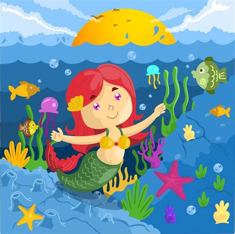 A Little Mermaid Swimming On The Sea With Fish Coral And Sea Plant