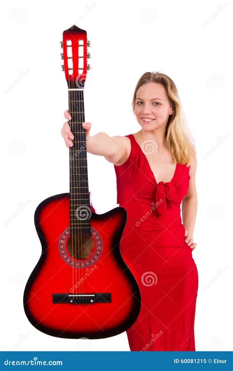 Pretty Girl Holding Guitar Isolated On White Stock Image Image Of