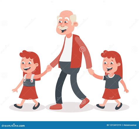 Grandfather And His Granddaughters Twins Walking Cartoon Vector