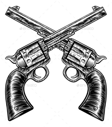 Crossed Pistol Gun Revolvers Vintage Woodcut Style By Krisdog