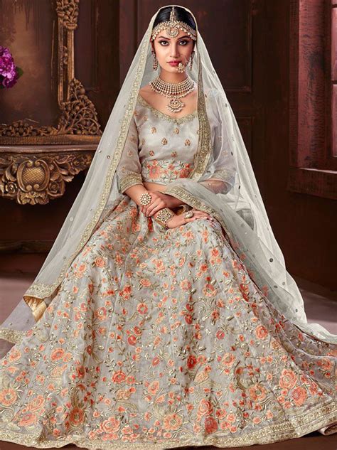 Buy Grey Color Pure Organza Silk Indian Wedding Lehenga In Uk Usa And Canada